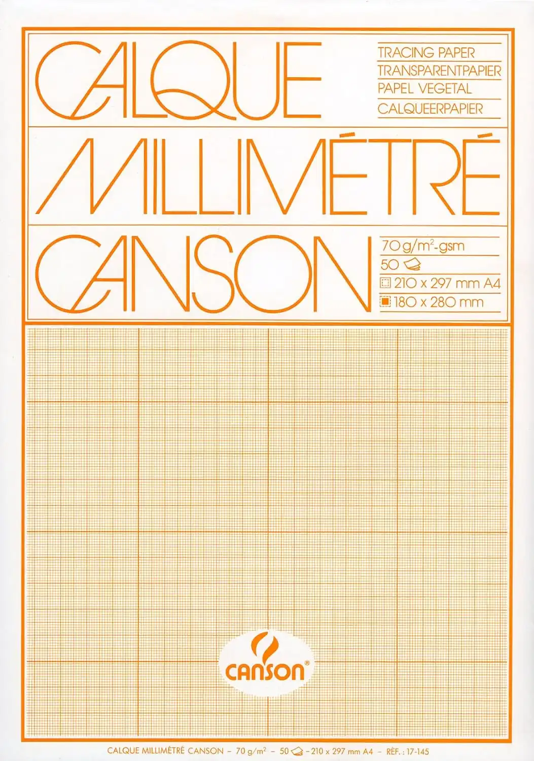 Калька миллиметровая CANSON, 70г/м2, 21х30см (А4), Оранжевая сетка, 50 листов